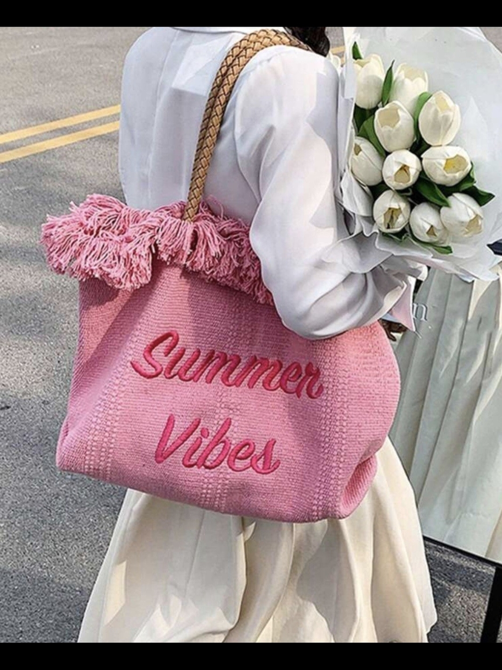 Pink 'Summer Vibes' Fringe Tote Bag - Casual Women’s Handbag